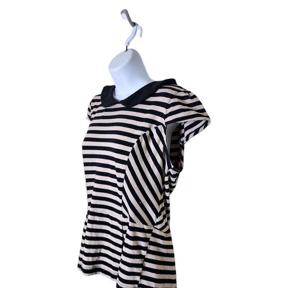 Vintage Y2K Cap Sleeve Peplum Striped Top Womens L Black White Pinup Demure - Picture 3 of 6